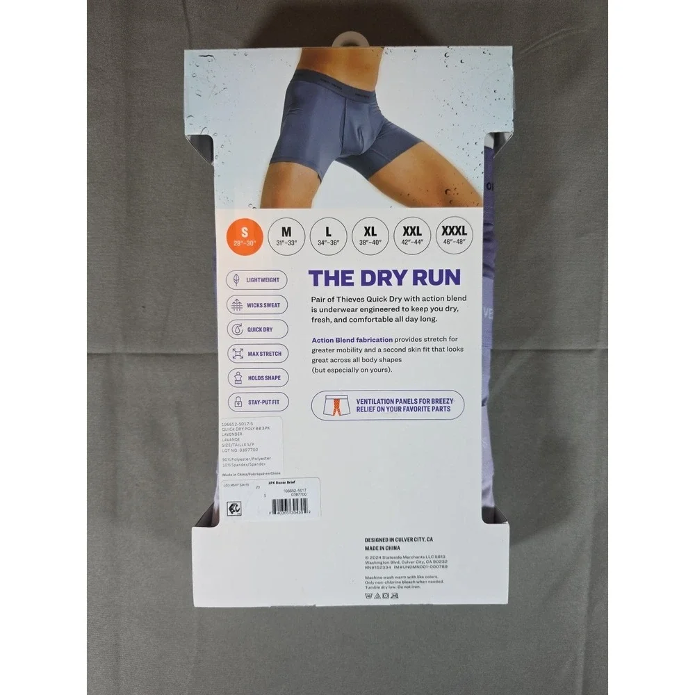 3 Pak Pair of Thieves Mens Small Performance Boxer Brief Quick Dry Lavendar NWT‎
